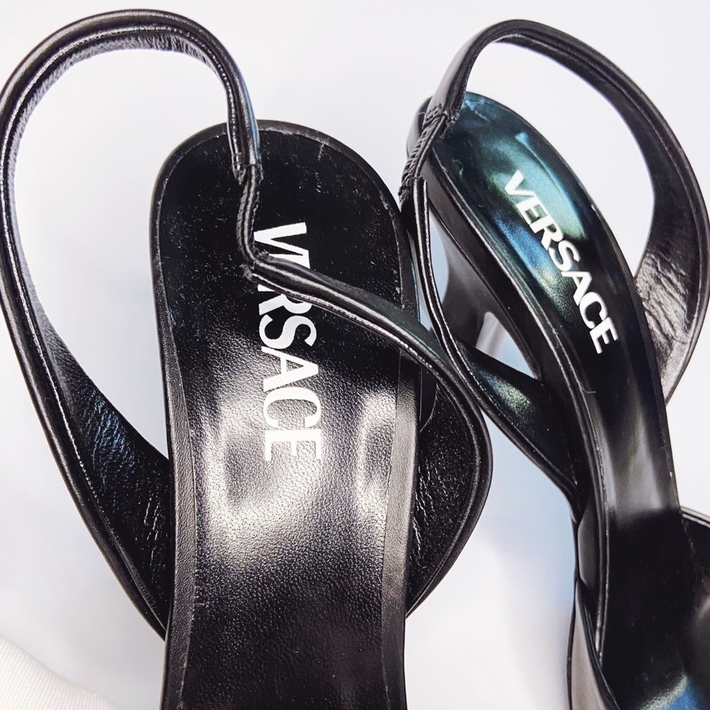 Versace Black Slingback Pointed Toe Heels with Medusa Chain - Picture 5 of 17